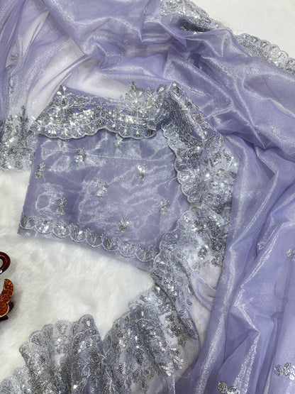 Lavender Party Wear Gold Twill Net Saree