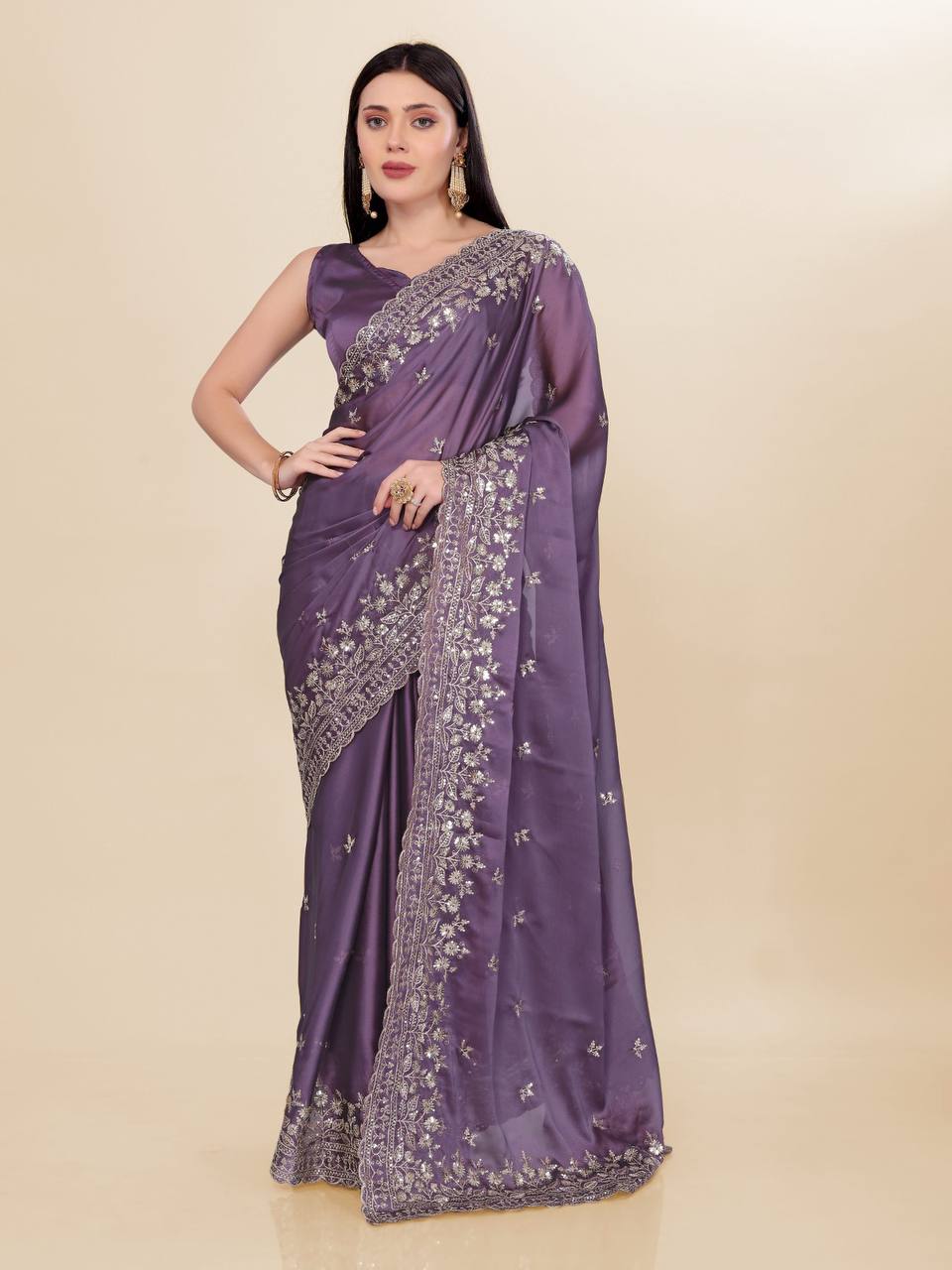 Lavender Purple Party Wear Rangoli Silk Saree