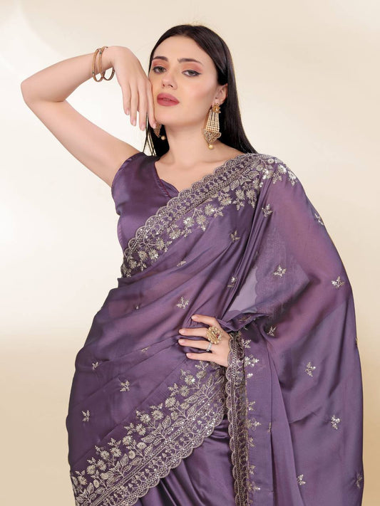Lavender Purple Party Wear Rangoli Silk Saree