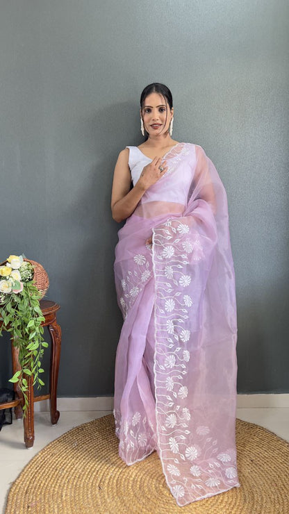 Lavender Ready Made Organza Silk Saree