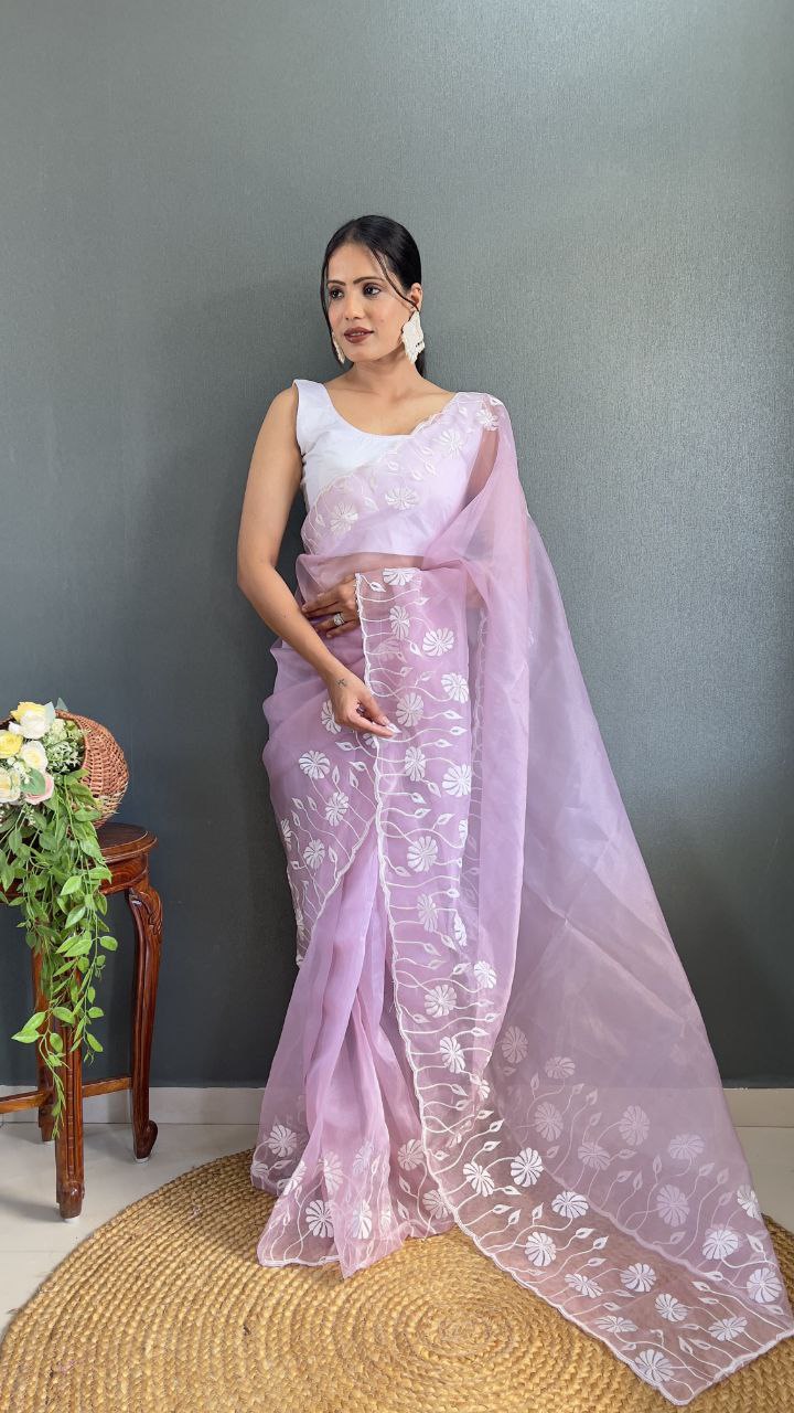 Lavender Ready Made Organza Silk Saree