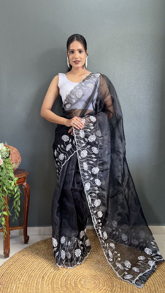 Black Ready Made Organza Silk Saree