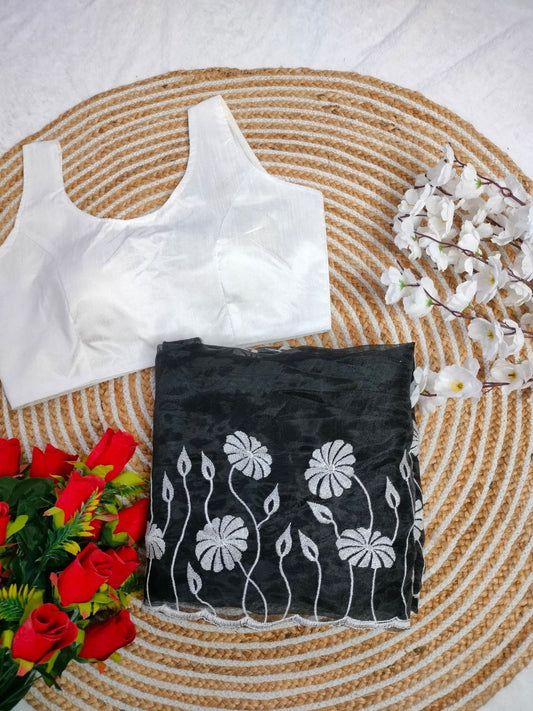 Black Ready Made Organza Silk Saree