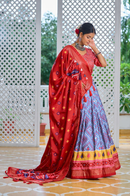 Lavender & Red Traditional Wedding Wear Silk Lehenga