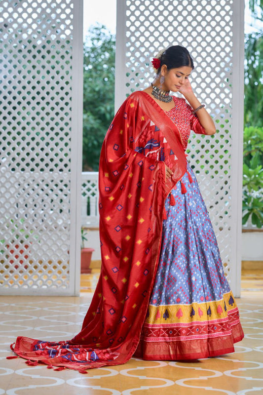 Lavender & Red Traditional Wedding Wear Silk Lehenga