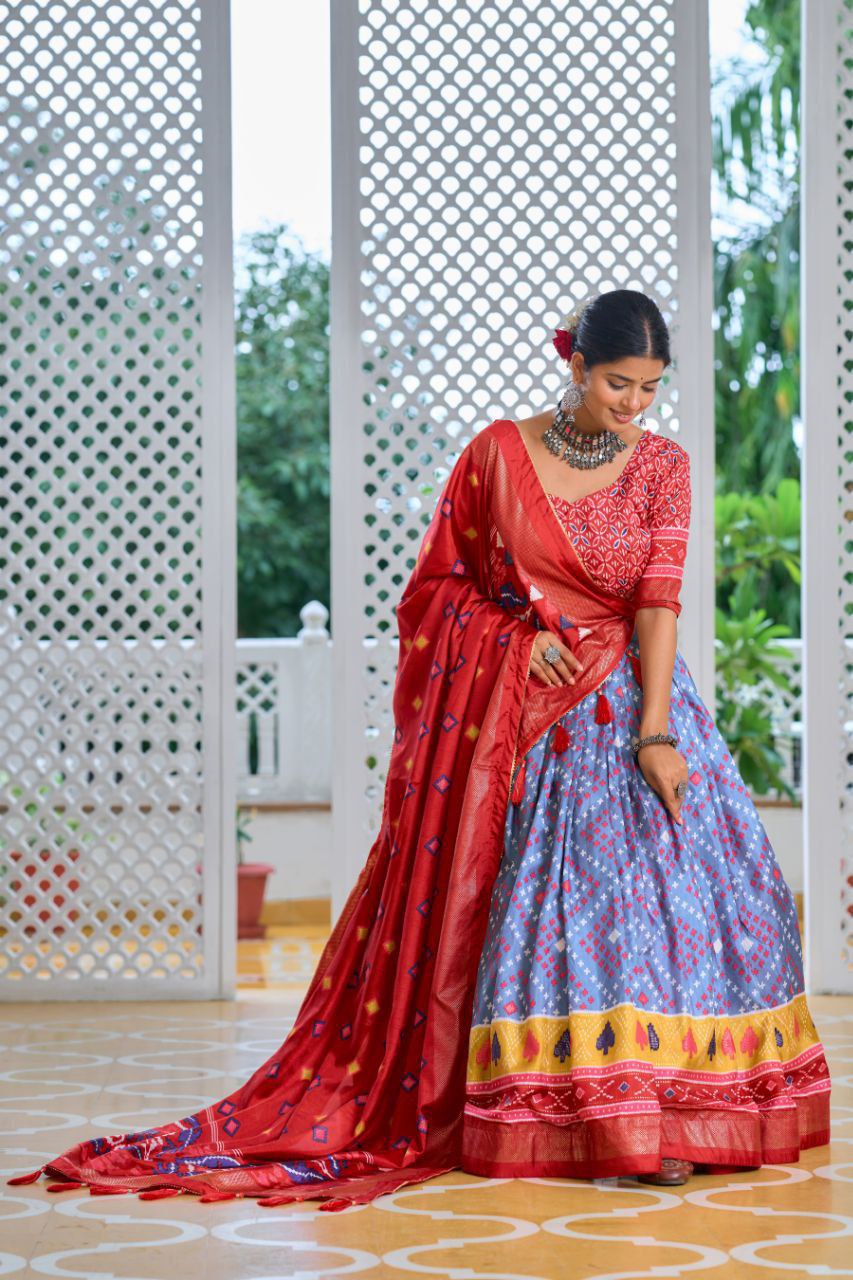 Lavender & Red Traditional Wedding Wear Silk Lehenga