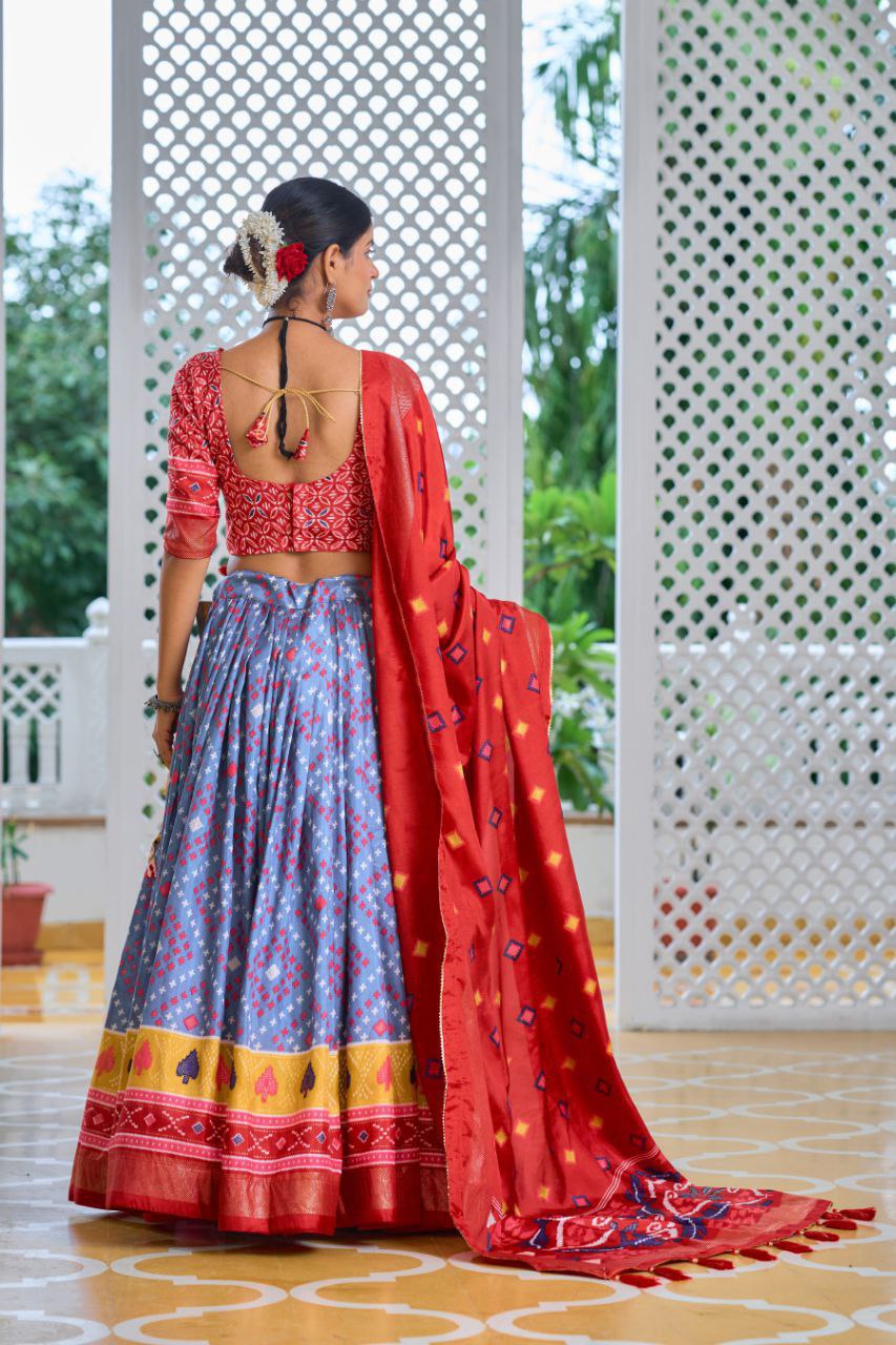 Lavender & Red Traditional Wedding Wear Silk Lehenga