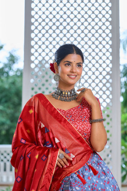 Lavender & Red Traditional Wedding Wear Silk Lehenga