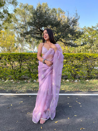 Lavender Stylish Party Wear Organza Silk Saree