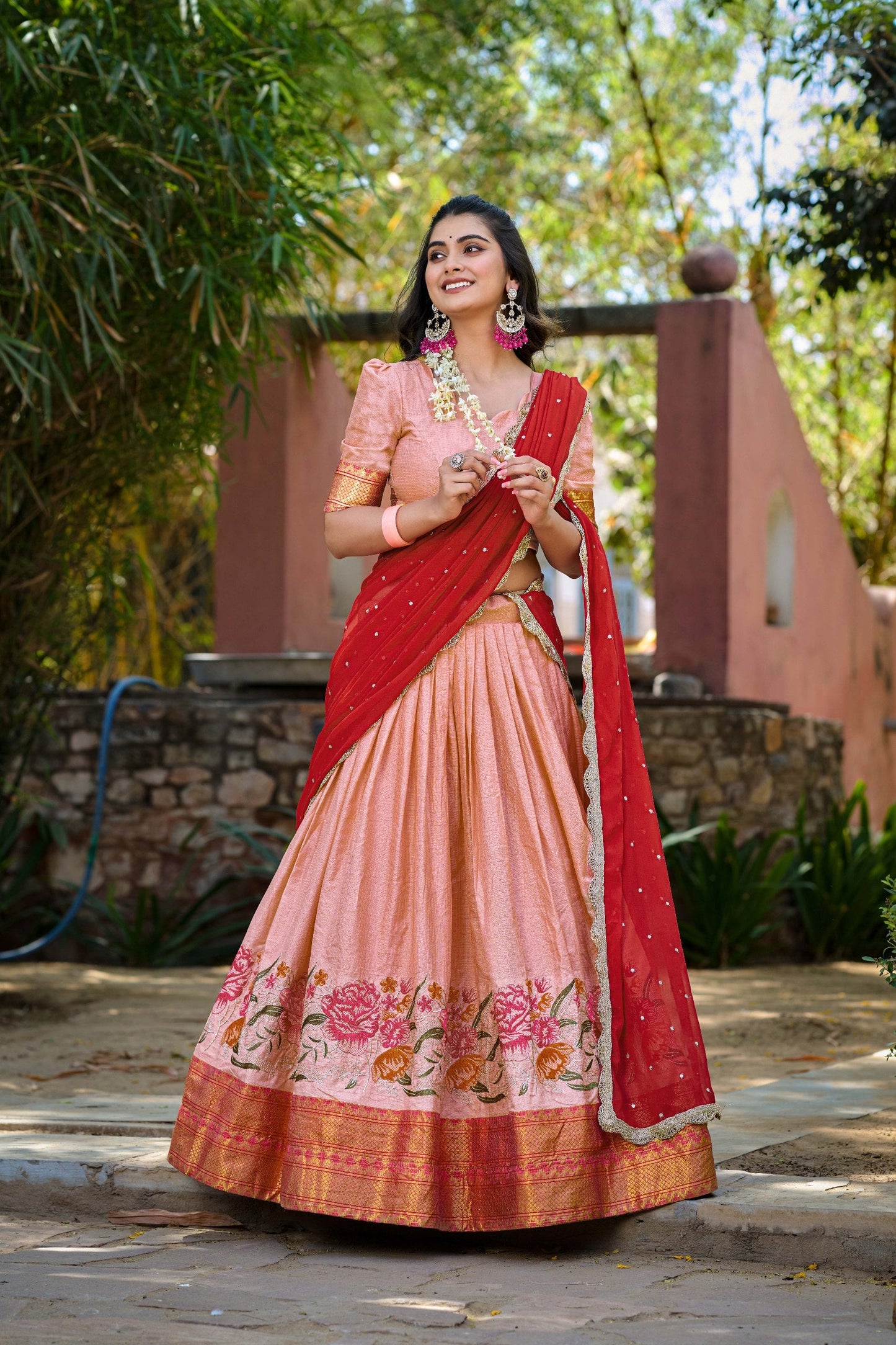 Peach Traditional Cotton Silk Lehenga