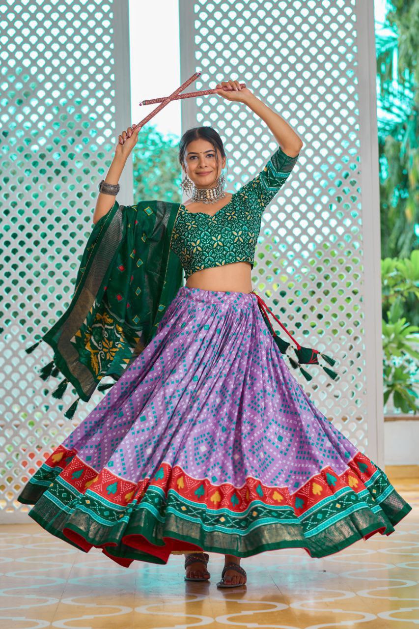 Lavender & Green Traditional Wedding Wear Silk Lehenga