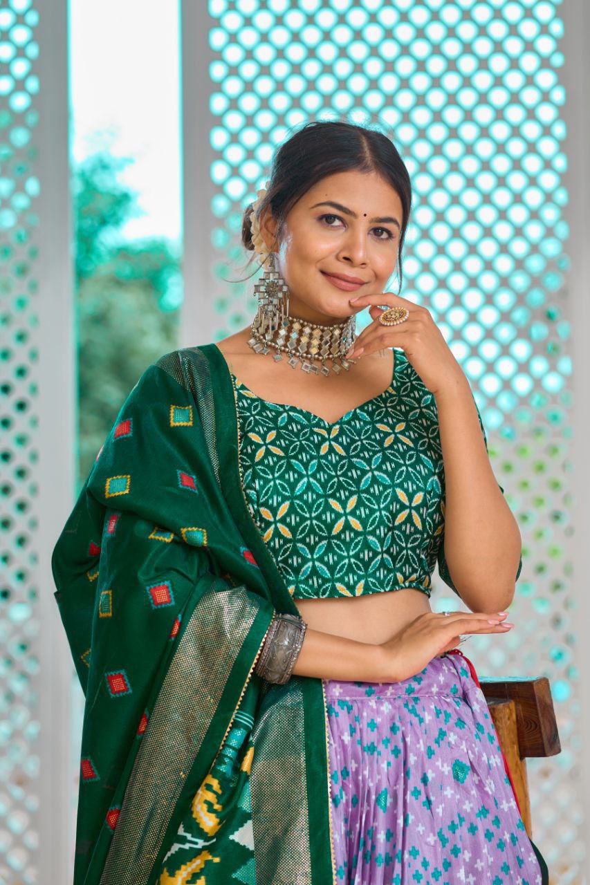 Lavender & Green Traditional Wedding Wear Silk Lehenga