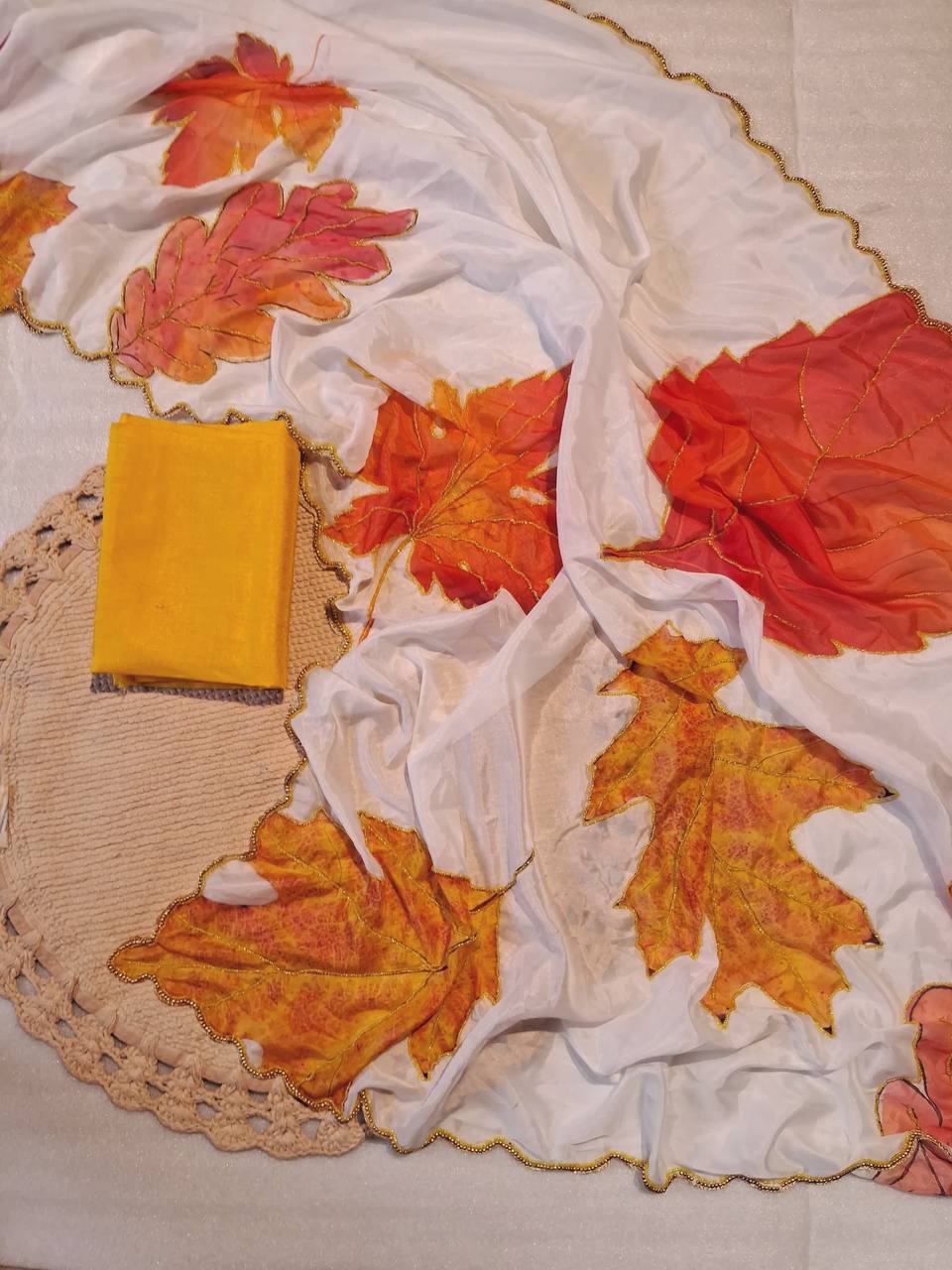 Leaf Printed Fancy Tabi Silk Saree