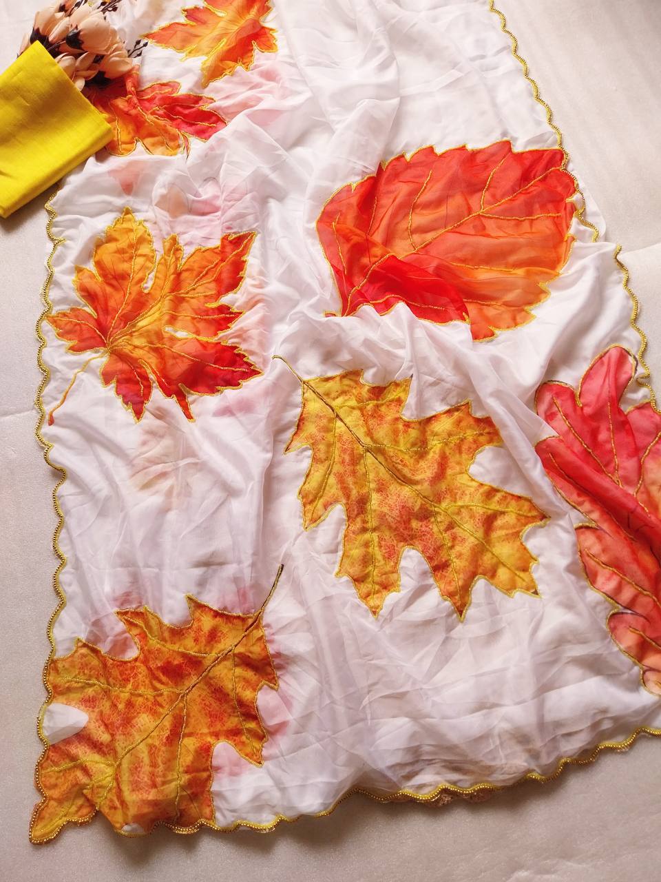 Leaf Printed Fancy Tabi Silk Saree