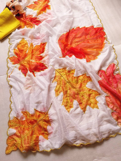 Leaf Printed Fancy Tabi Silk Saree