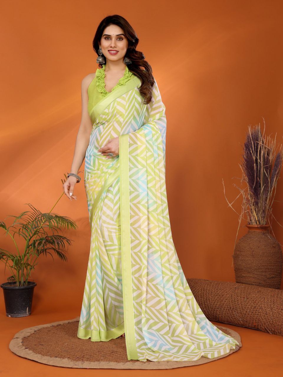 Light Green Printed Soft Satin Patta Saree