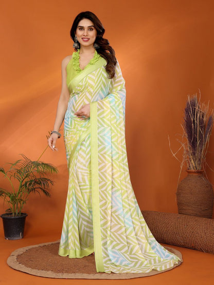 Light Green Printed Soft Satin Patta Saree