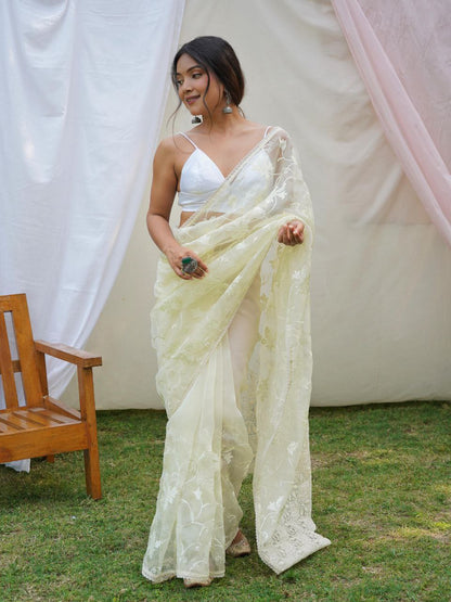 Light Lime Party Wear Organza Silk Saree