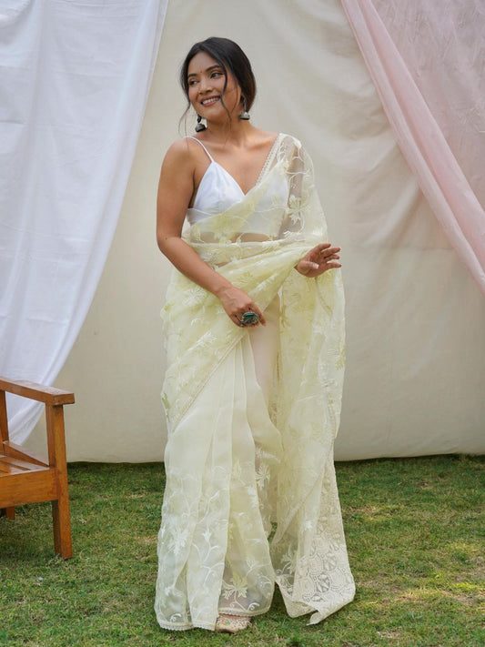 Light Lime Party Wear Organza Silk Saree