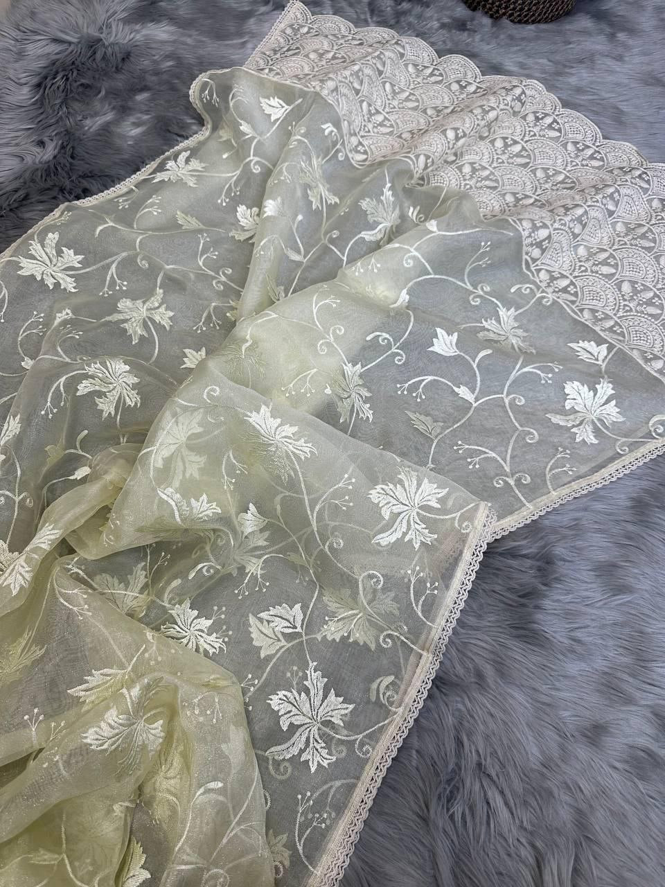 Light Lime Party Wear Organza Silk Saree