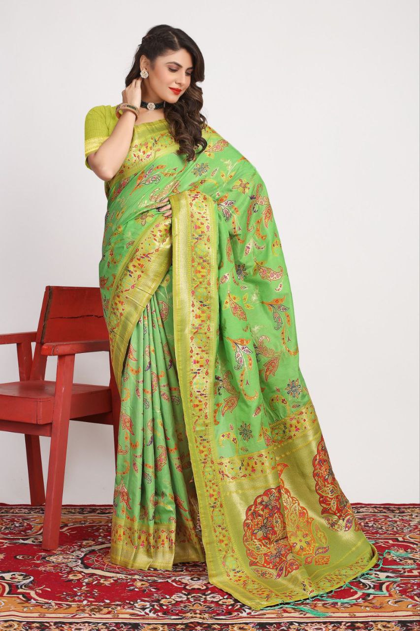 Light Moss Green Traditional Pashmina Silk Saree