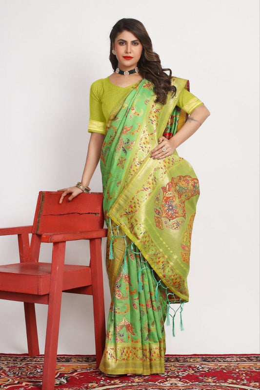 Light Moss Green Traditional Pashmina Silk Saree