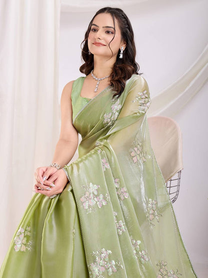 Light Olive Party Wear Zimmy Choo Silk Saree
