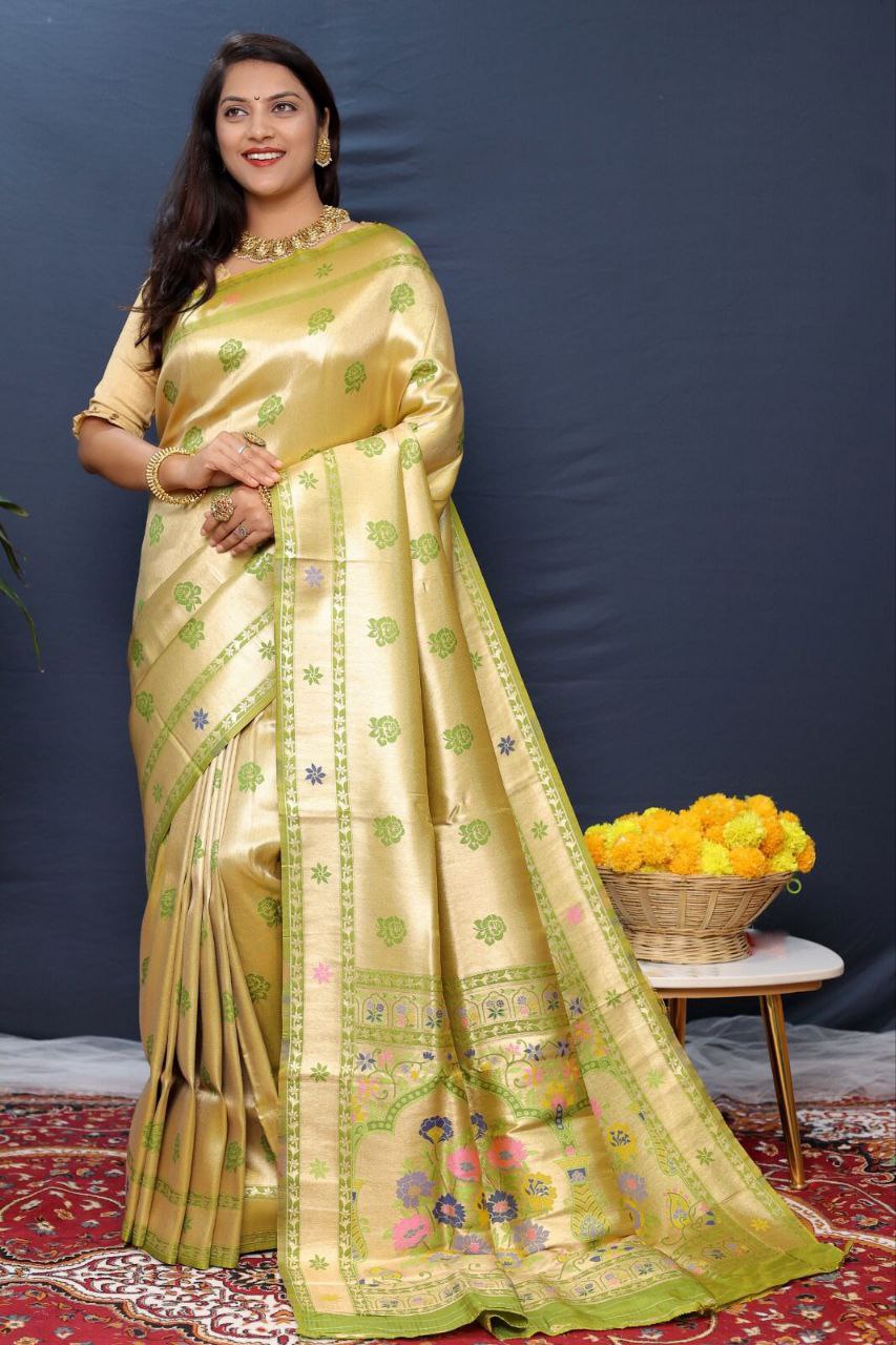 Light Olive Traditional Paithani Handloom Silk Saree