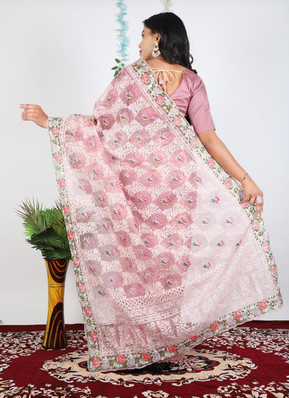 Light Pink Party Wear Organza Silk Saree