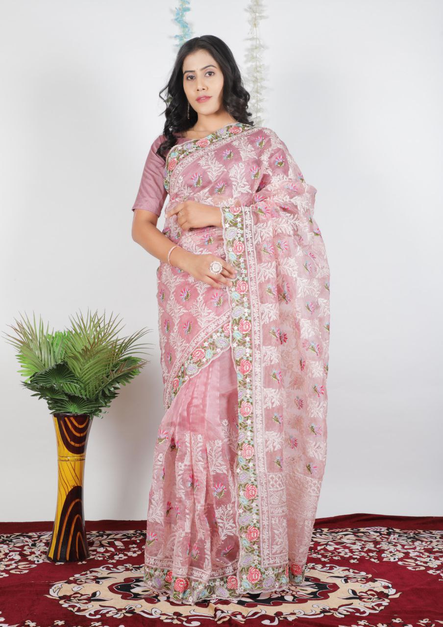 Light Pink Party Wear Organza Silk Saree