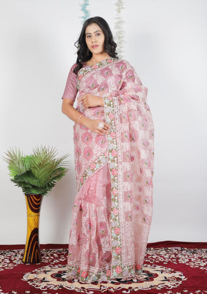 Light Pink Party Wear Organza Silk Saree