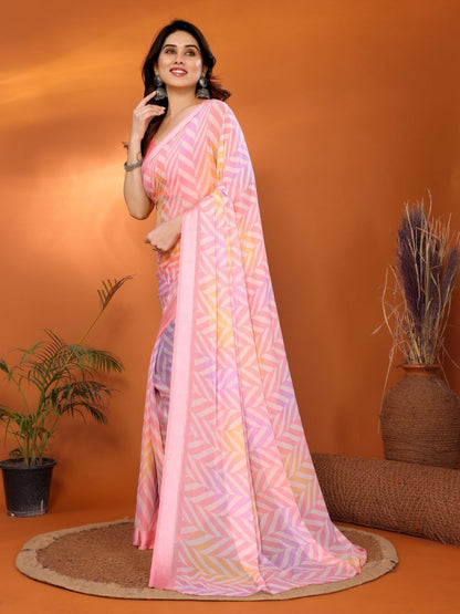 Light Pink Printed Soft Satin Patta Saree