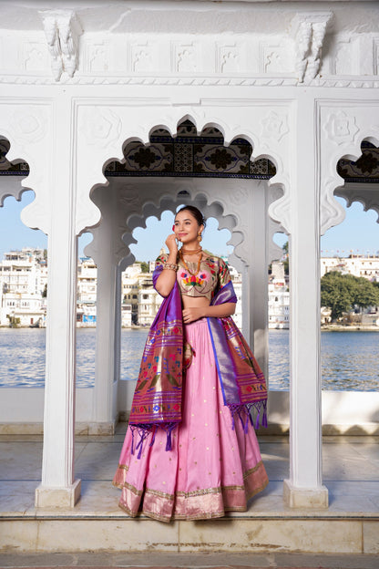 Light Pink Traditional Jacquard Silk Lehenga Choli With Batwa