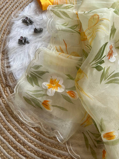 Lime Yellow Floral Handprinted Organza Silk Saree