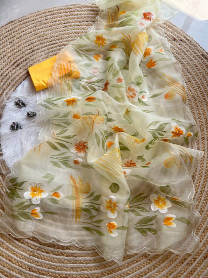 Lime Yellow Floral Handprinted Organza Silk Saree