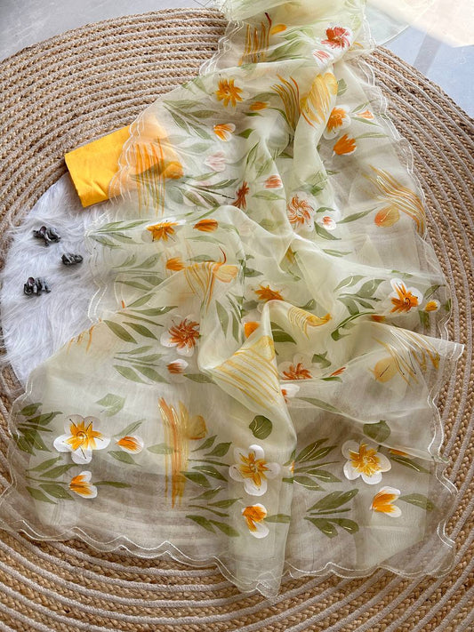 Lime Yellow Floral Handprinted Organza Silk Saree