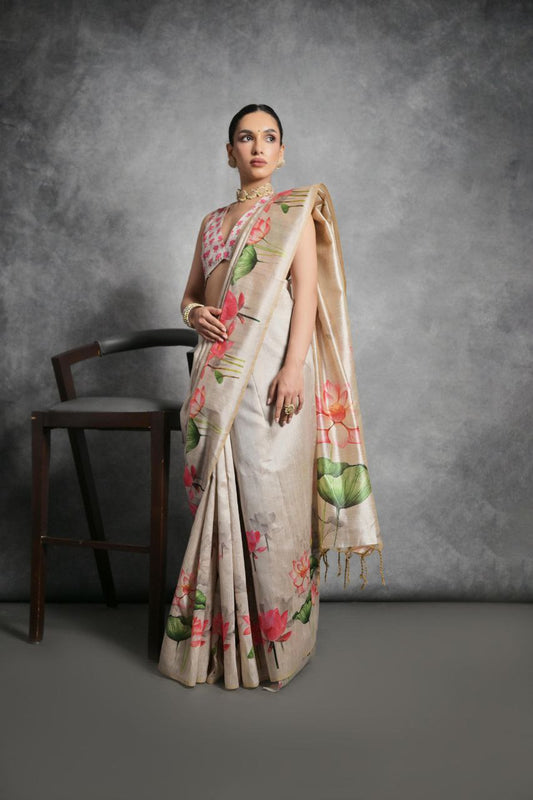 Lotus Printed Tussar Silk Saree