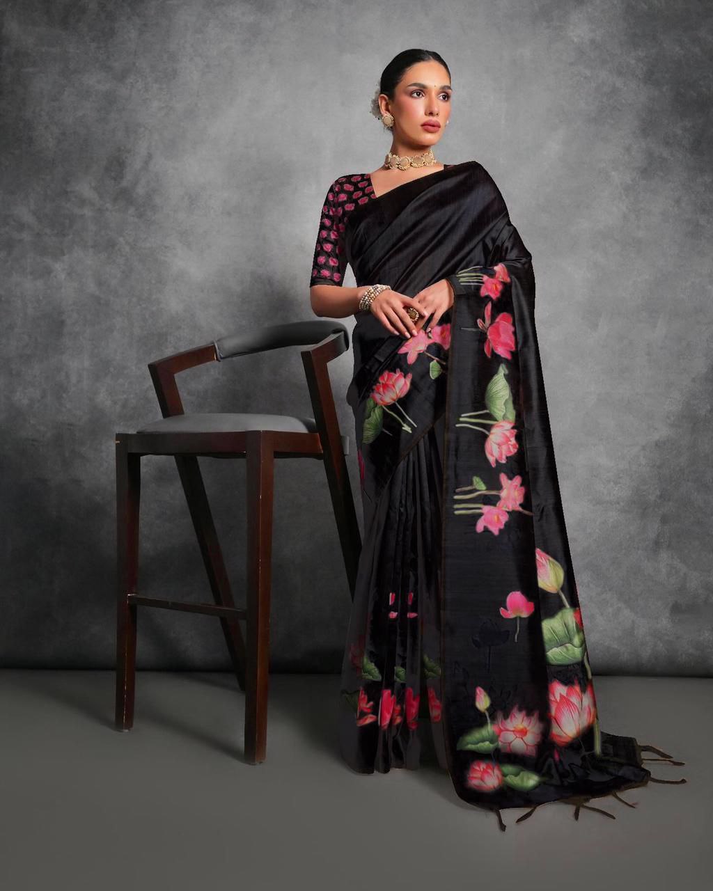 Lotus Printed Tussar Silk Saree In Black