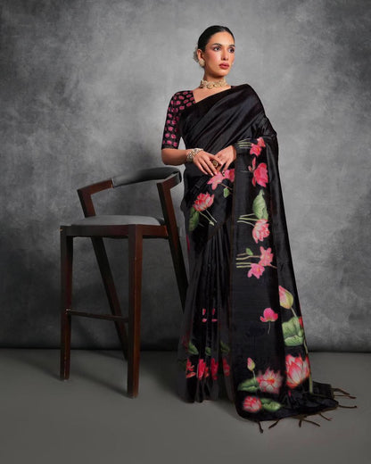 Lotus Printed Tussar Silk Saree In Black