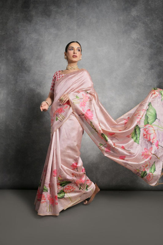 Lotus Printed Tussar Silk Saree In Cavern Pink