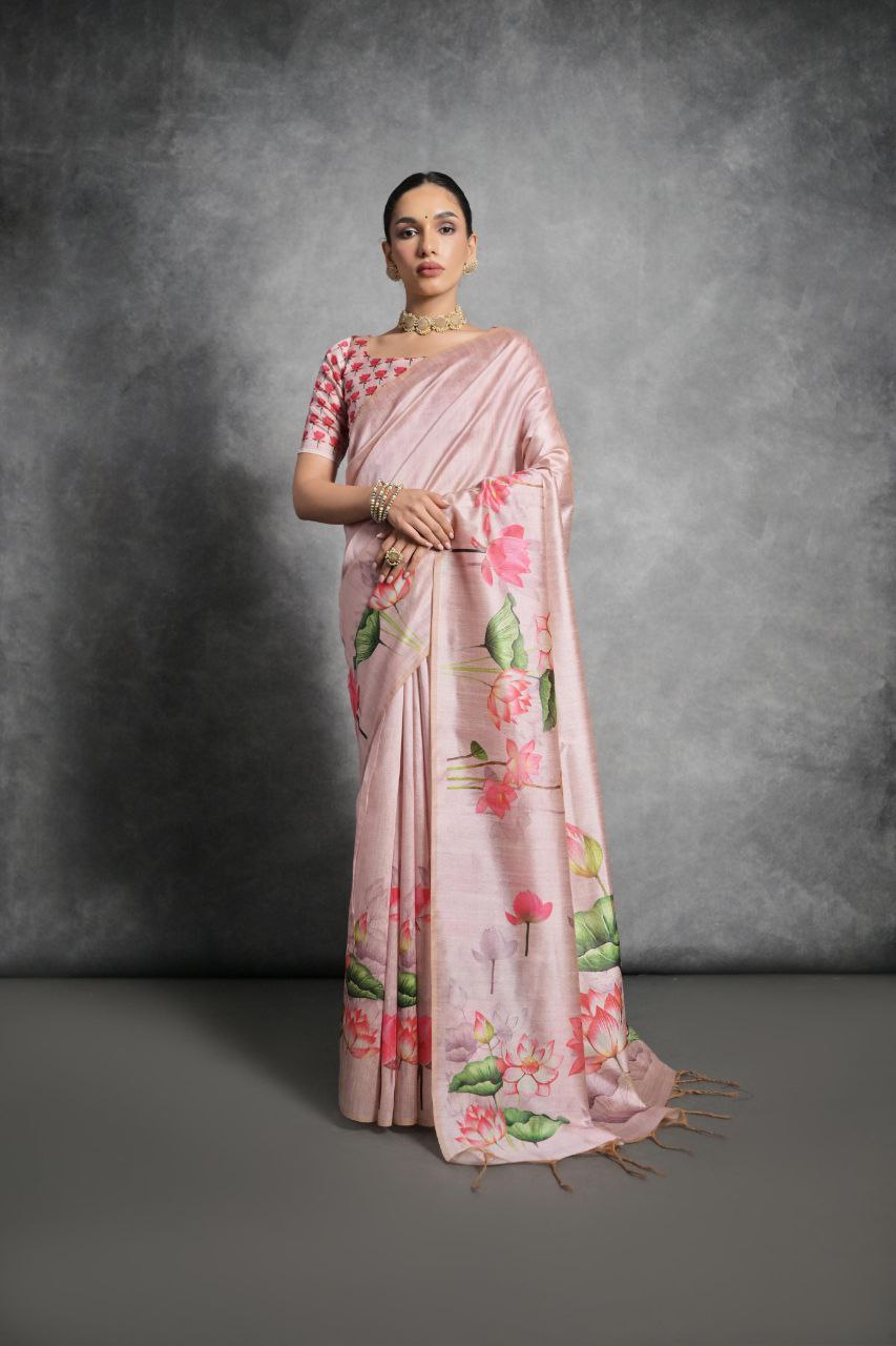 Lotus Printed Tussar Silk Saree In Cavern Pink