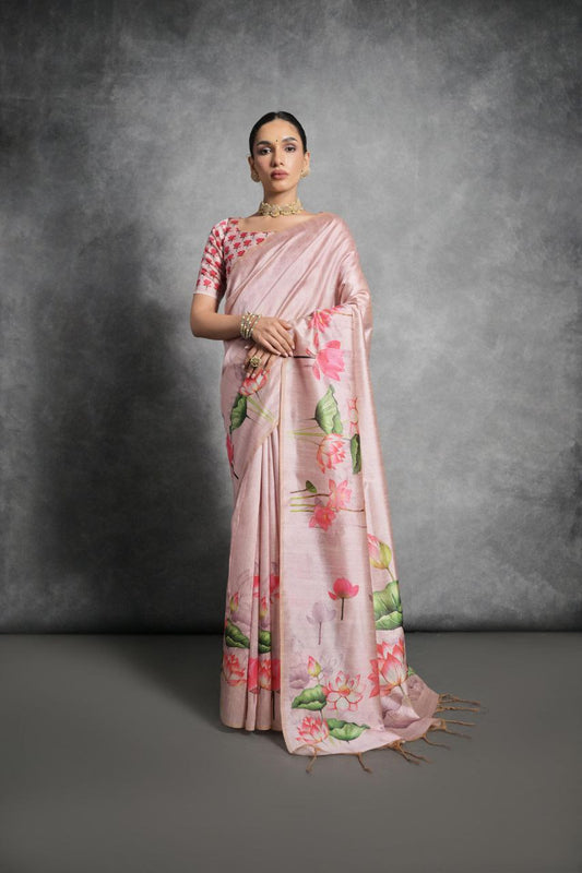 Lotus Printed Tussar Silk Saree In Cavern Pink