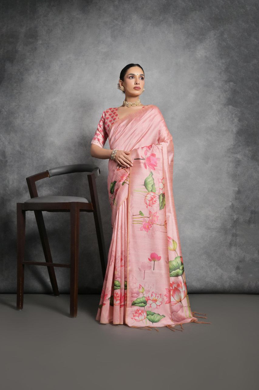 Lotus Printed Tussar Silk Saree In Dark Salmon