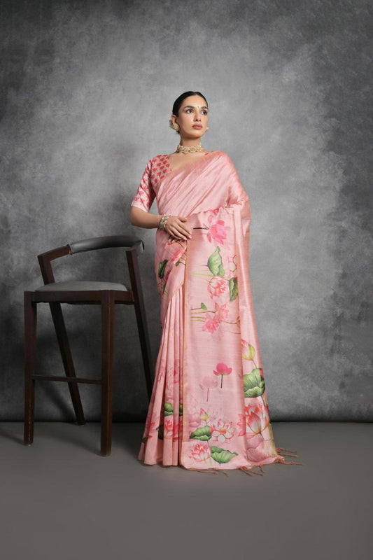 Lotus Printed Tussar Silk Saree In Dark Salmon