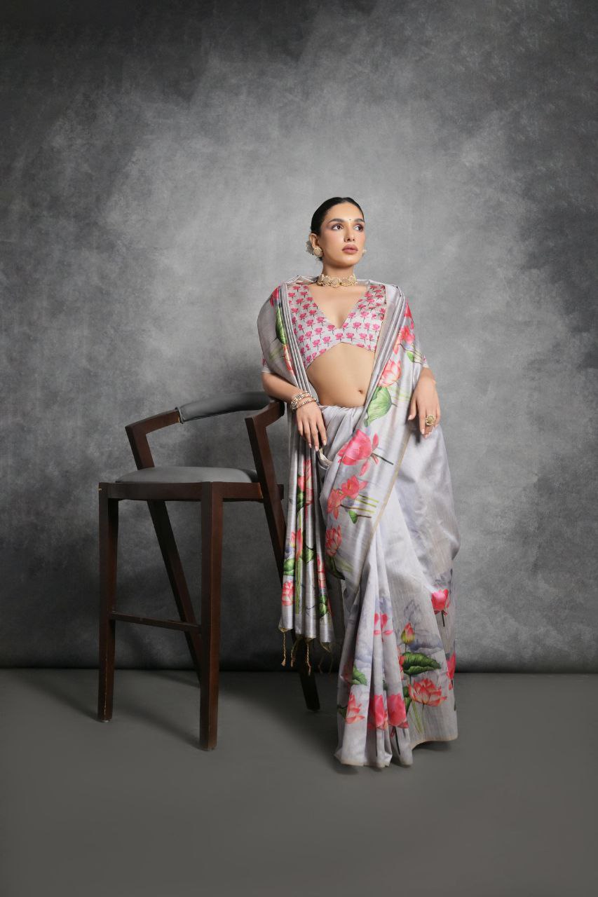 Lotus Printed Tussar Silk Saree In Grey