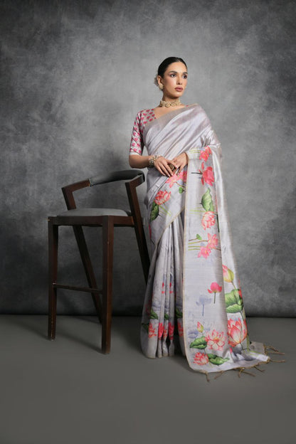 Lotus Printed Tussar Silk Saree In Grey