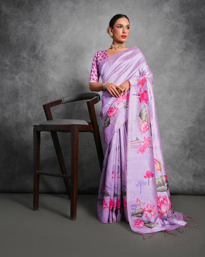 Lotus Printed Tussar Silk Saree In Lavender
