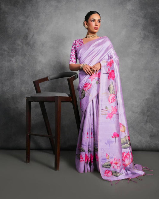 Lotus Printed Tussar Silk Saree In Lavender