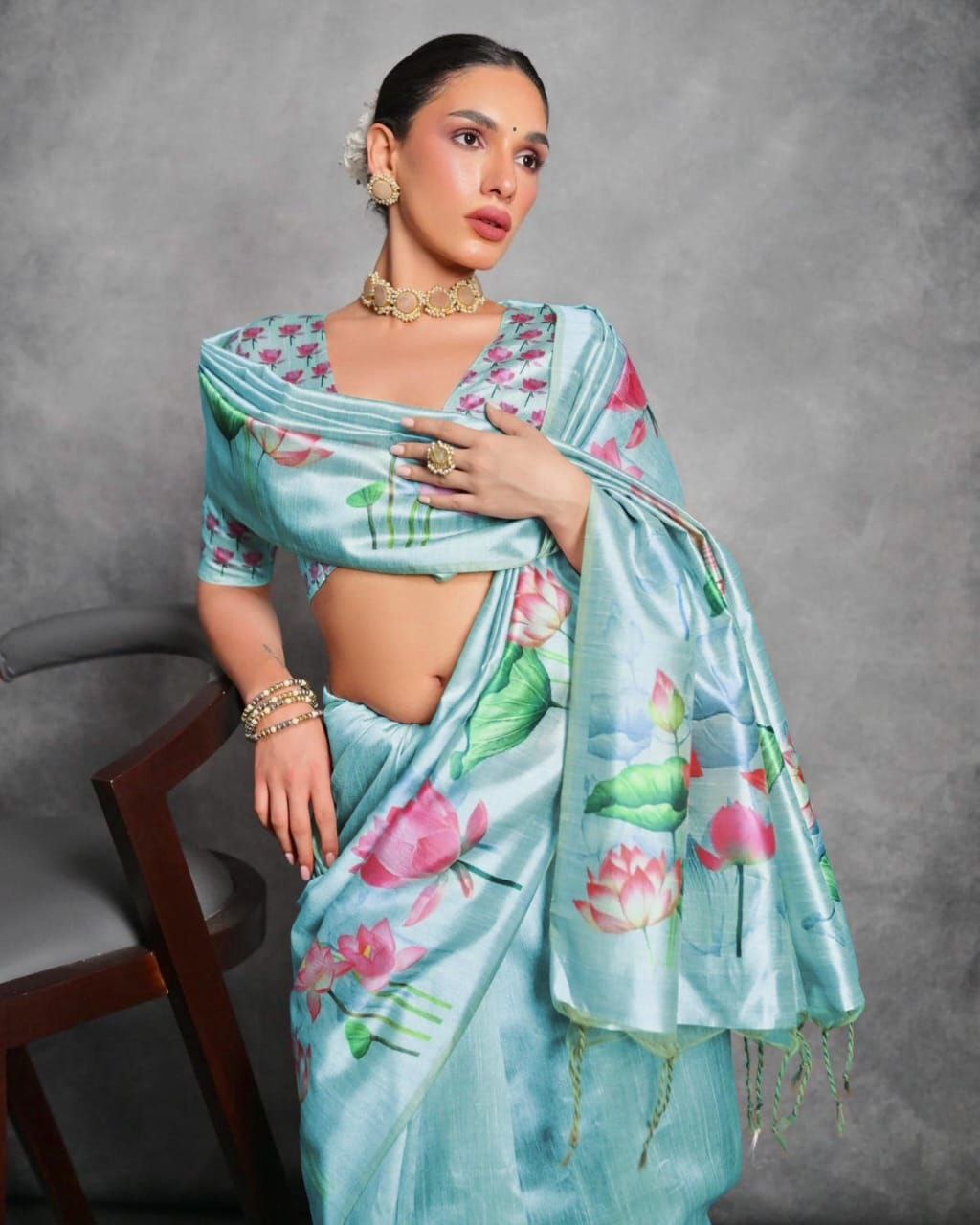 Lotus Printed Tussar Silk Saree In Moonstone Blue