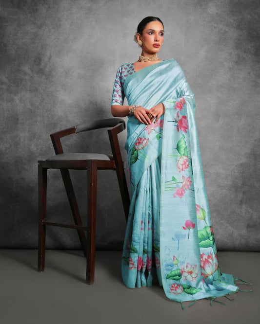 Lotus Printed Tussar Silk Saree In Moonstone Blue